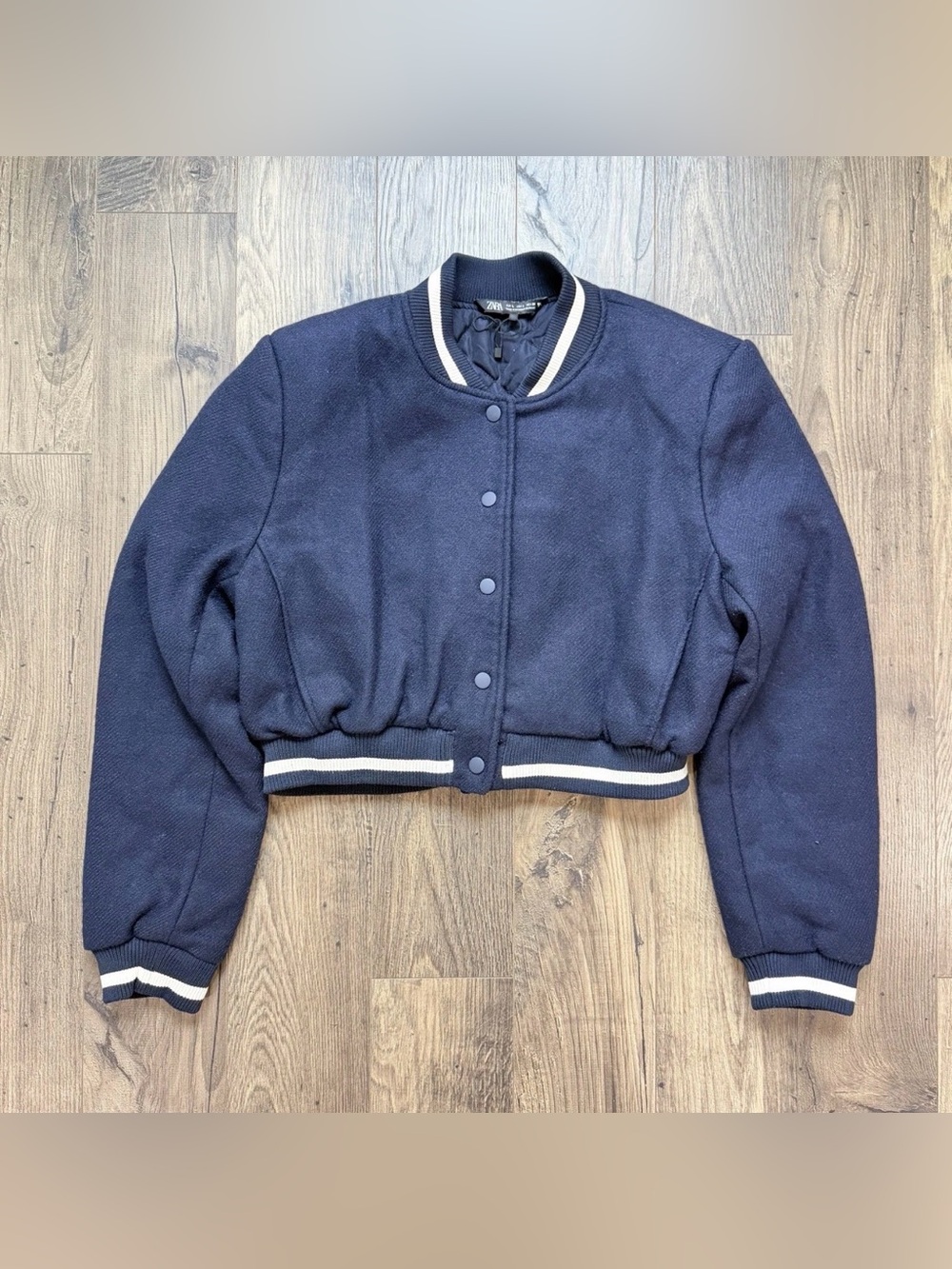 ZARA Women’s Navy Blue Bomber Jacket Size Large L Quilted Lined Snap Front